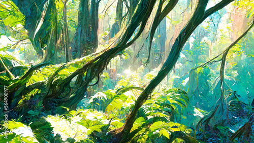 Rainforest forest in the sunny morning illustration Generative AI Content by Midjourney