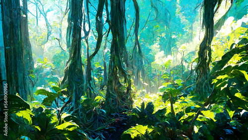 Rainforest forest in the sunny morning illustration Generative AI Content by Midjourney