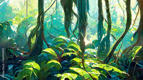 Rainforest forest in the sunny morning illustration Generative AI Content by Midjourney © simon