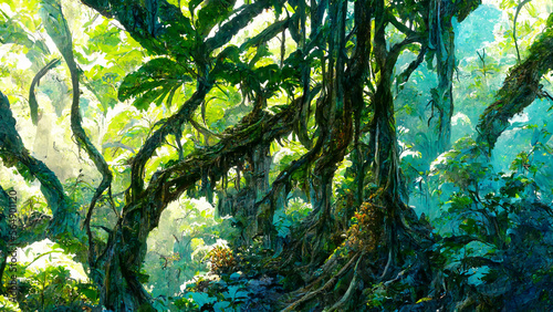 Tropical Rainforest forest Maya ancient culture illustration Generative AI Content by Midjourney © simon