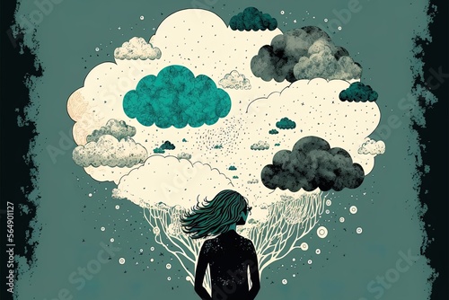 Arbre nuage pensées, avec une silhouette de fille ou femme devant, illustration