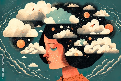 Fille, femme avec des nuages pensées au dessus de la tête, illustration