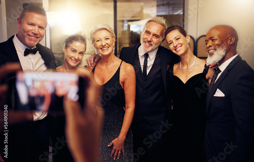 Принти на полотні Phone photography, success or friends in a party to celebrate goals or new year at fancy luxury event