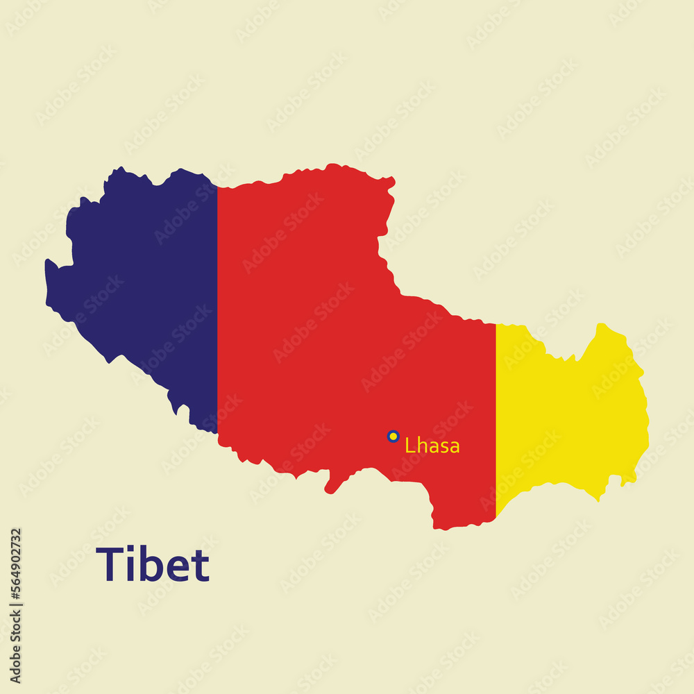 Tibet map vector with capital Lhasa marked. Tibet flag color background. Vector, illustration. Tibet map vector with capital Lhasa marked. Tibet flag color background. Vector, illustration.