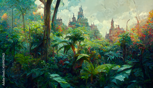 Colorful jungle background with copy space highly detailed rea illustration Generative AI Content by Midjourney