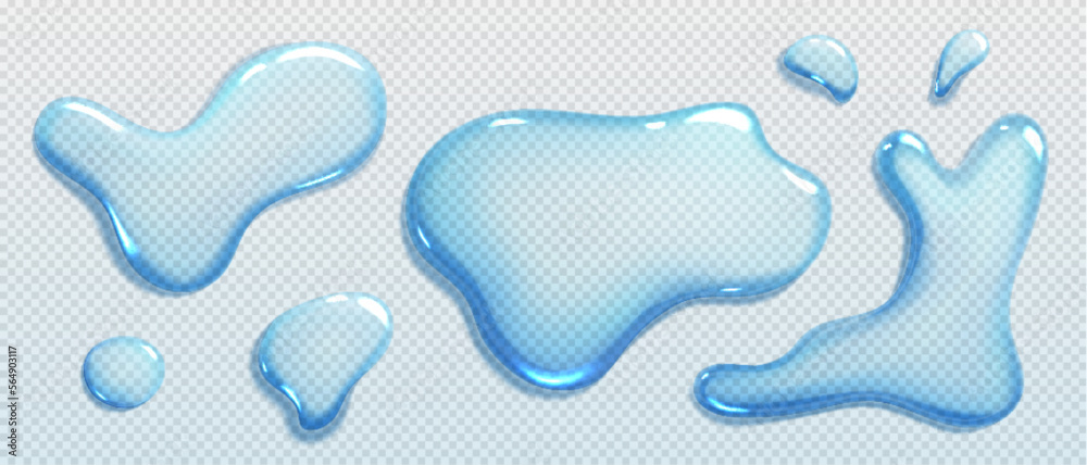 Liquid spills, water drops and puddles isolated on transparent background. Clear droplets of pure aqua, blue cosmetic serum or gel in top view, vector realistic set Liquid spills, water drops and puddles isolated on transparent background. Clear droplets of pure aqua, blue cosmetic serum or gel in top view, vector realistic set