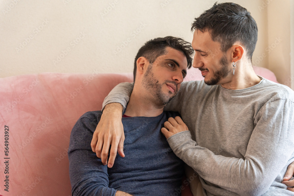 Cute Gay Couple In Love On The Couch. Cute Gay Couple In Love On The Couch.