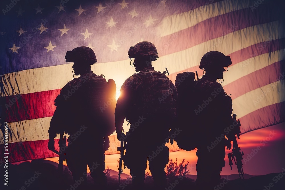 Silhouette of soldiers with an American flag on sunset background on dusty dessert war generative ai
