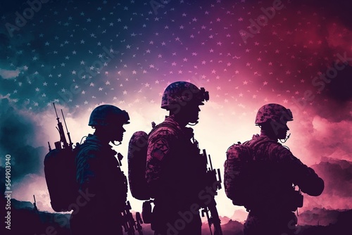 Silhouette of soldiers with an American flag on sunset background on dusty dessert war generative ai 