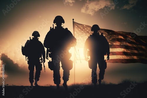 Fotomurale Silhouette of soldiers with an American flag on sunset background on dusty desse