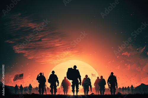 Silhouette of soldiers with an American flag on sunset background on dusty dessert war generative ai 