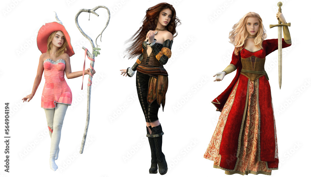 set 3d illustration 3 fantasy girls in red dress with sword fairy witch asturian