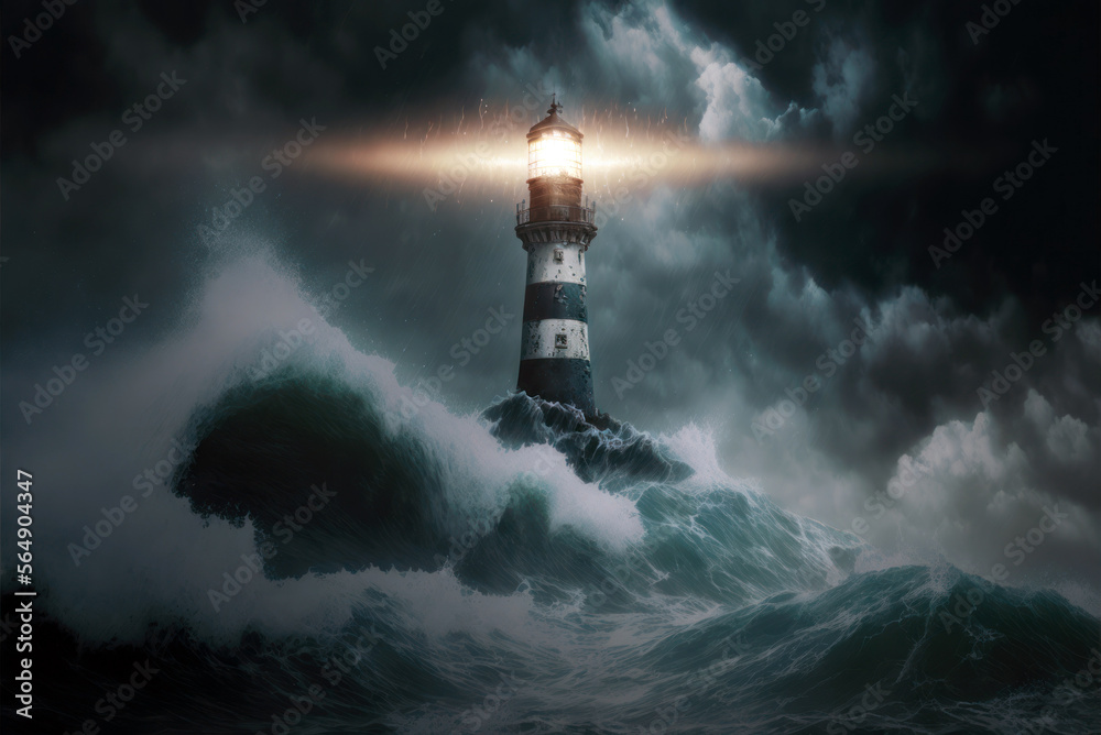 Lighthouse in the storm at night, ocean waves, dark cloudy sky, Generative AI