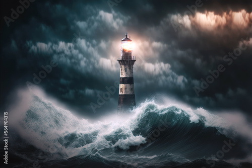 Lighthouse in the storm at night, ocean waves, dark cloudy sky, Generative AI