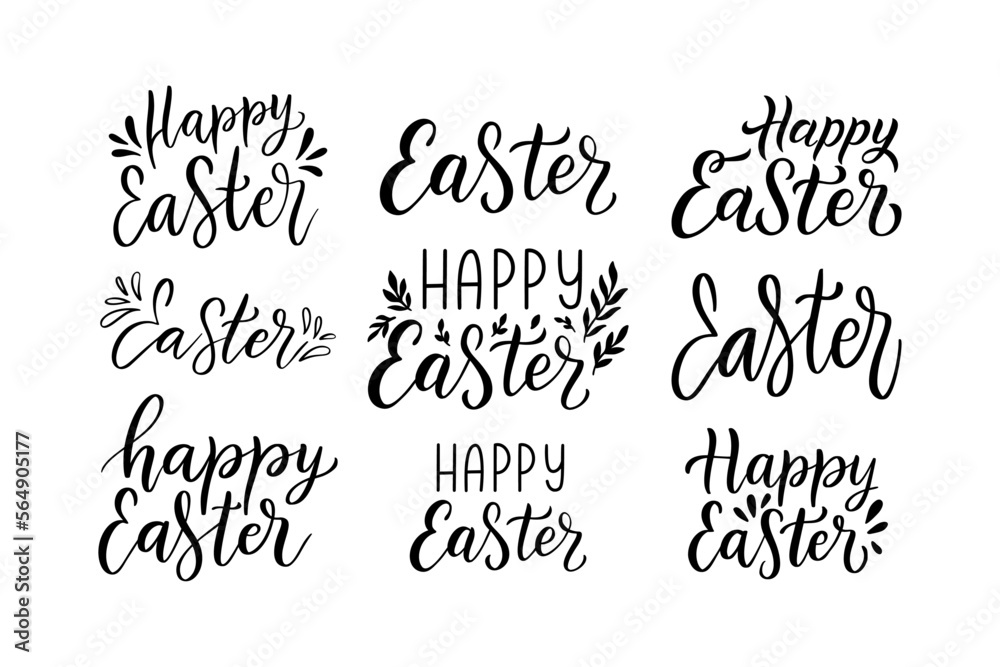 Happy Easter Hand Drawn Quote Set. Vector Illustration isolated on white background. Festive Calligraphy style Easter Lettering Collection. Phrase for Greeting Card, Poster, Sale Banner Template,print Happy Easter Hand Drawn Quote Set. Vector Illustration isolated on white background. Festive Calligraphy style Easter Lettering Collection. Phrase for Greeting Card, Poster, Sale Banner Template,print