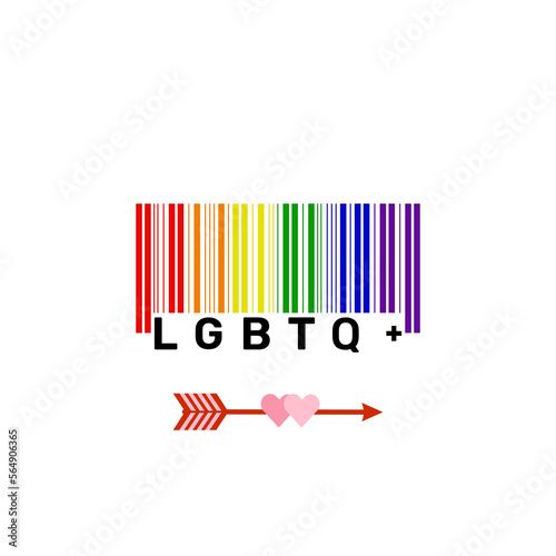 Lgbt+ love barcode with arrow hit to couple heart. Pride rainbow barcode. Lgbt+ love barcode Tattoo.