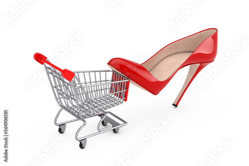 Red High Heels Wooman Shooes with Shopping Cart Trolley. 3d Rendering © doomu