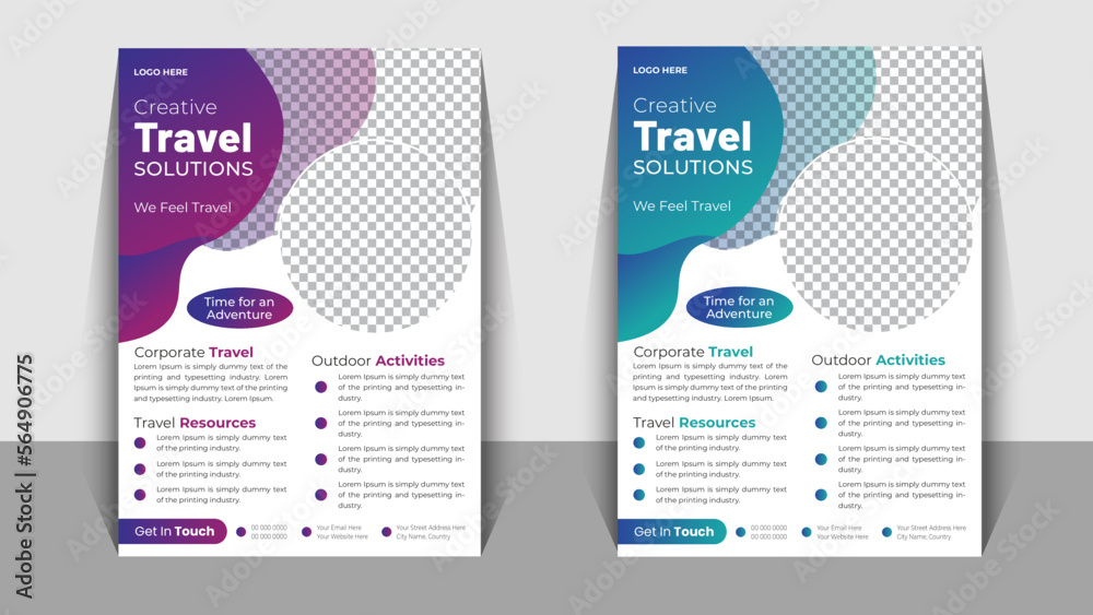 Vacation travel flyer design template for travel agency, 2 colorful A4 Travel poster layout, summer holiday travel agency leaflet design for promotion.