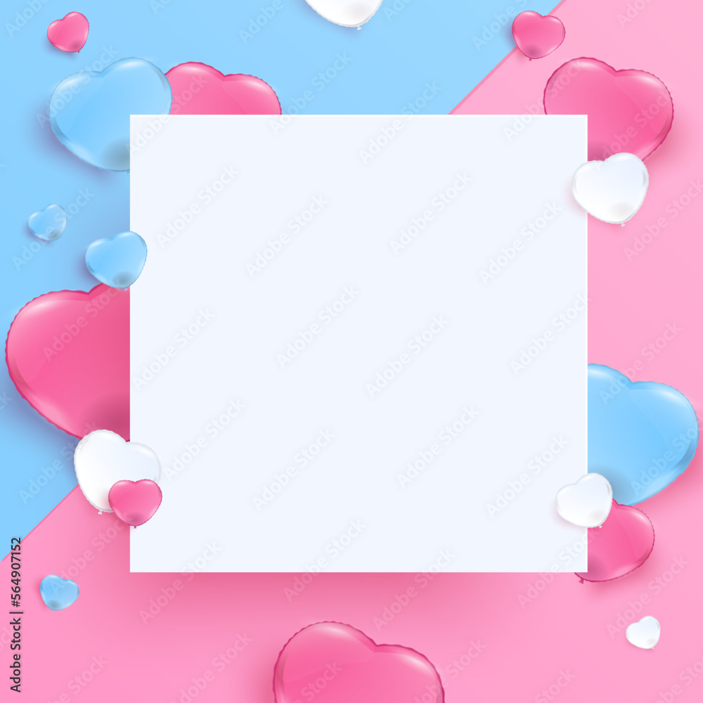 White banner and multi color heart balloon background