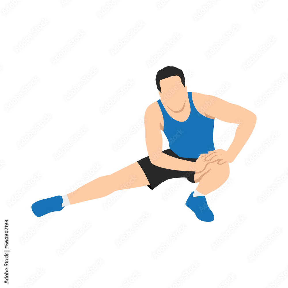 Man stretching thighs and leg before workout. Flat vector illustration isolated on white background