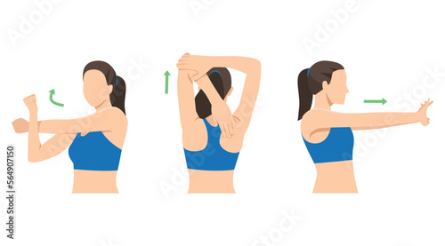 Woman stretching posture for aches treatment at shoulder, arm, neck and back. Flat vector illustration isolated on white background