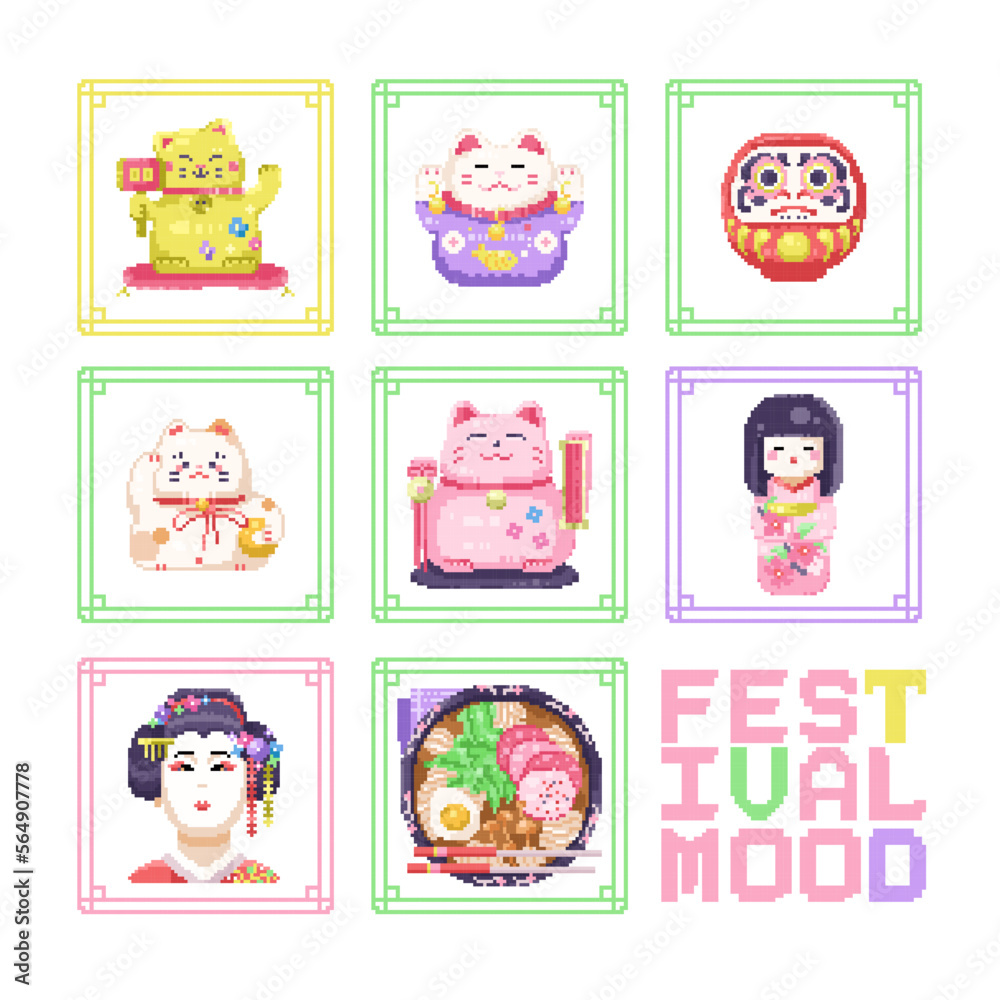 Set of cute spring season icons in pixel art style with maneki neko, geisha and ramen noodle. Japanese traditional cuisine dish, and national symbols. Ready to print travel pattern in 8 bit game style