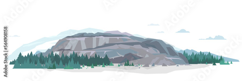 Open big gray rock with spruce forest and stones in flat style isolated illustration, rocks for mountaineering, abandoned quarry