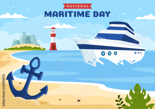 World Maritime Day Illustration with Sea and Ship for Web Banner or Landing Page in Flat Blue Nautical Celebration Cartoon Hand Drawn Templates