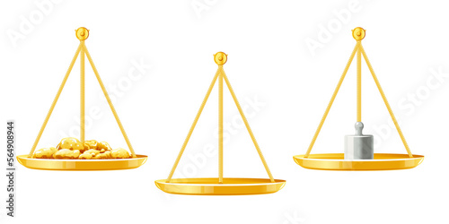 Canvas Print Set of weight scales with golden nuggets, weight measure and empty, part of gold