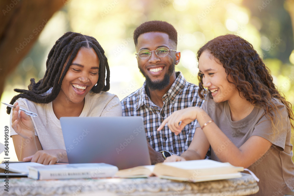 Students, friends and group with laptop laughing at funny meme. Education scholarship, comic portrait and happy people, black man and women with computer laugh at joke, humor or crazy comedy at park.