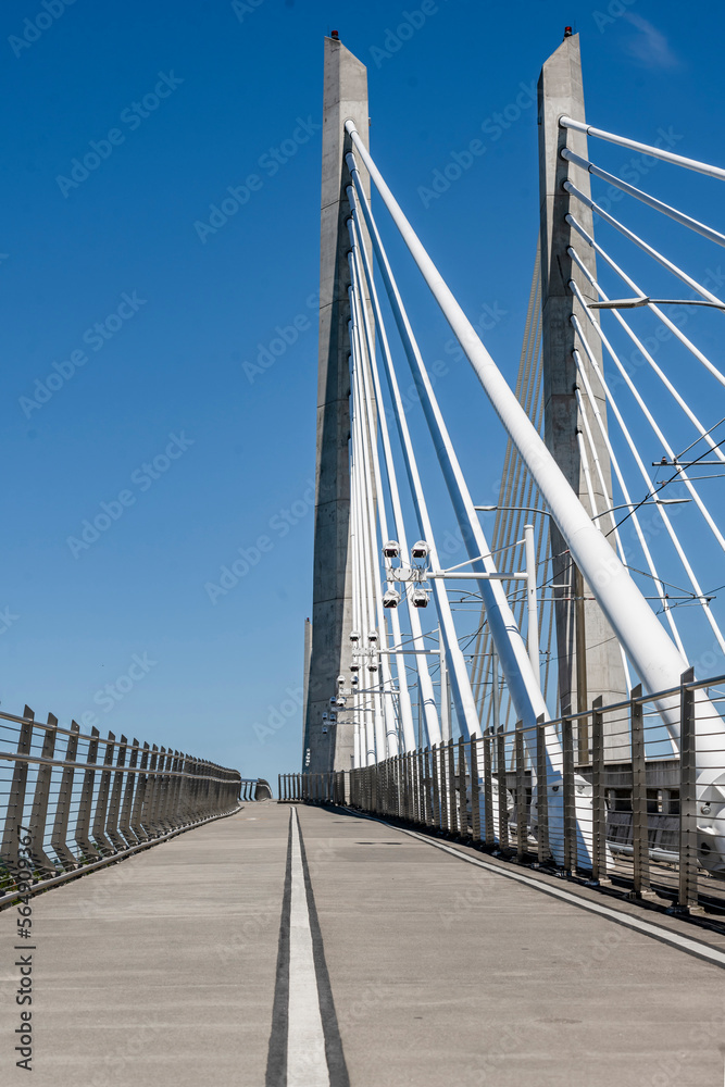 Support posts for a cable Tilikum Crossing Bridge over the Willamette River in Portland waterfront