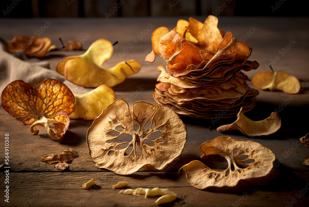 Fototapeta premium Dried Apple Slices on wooden table. AI generated