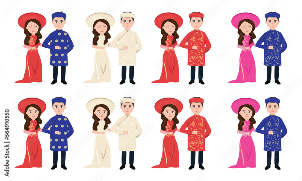 Vector set of Vietnamese wedding couples wearing traditional clothes clipart. Vietnamese bride and groom vector illustration. Wedding dress, ao dai. Vietnamese traditional wedding ceremony concept