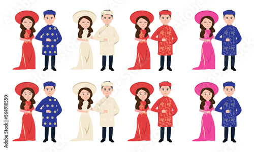 Vector set of Vietnamese wedding couples wearing traditional clothes clipart. Vietnamese bride and groom vector illustration. Wedding dress, ao dai. Vietnamese traditional wedding ceremony concept