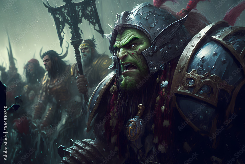 Battle of orcs and paladins, the world of warcraft. A man and an orc face to face, the