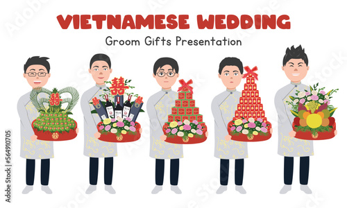 Vietnamese wedding Groom gifts presentation clipart. Vietnamese boys holding engagement gift trays vector illustration. Vietnamese traditional wedding ceremony concept. Chinese text "Double Happiness"