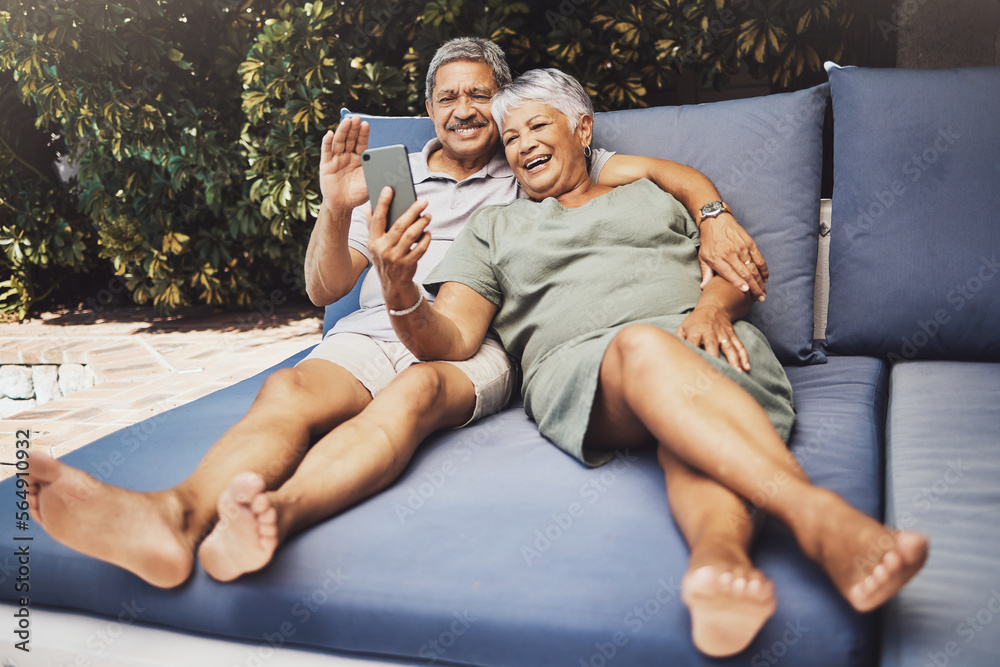 Senior couple, relax and smile for video call, social media or selfie together on outdoor patio at home. Happy elderly man and woman relaxing on comfortable cushion for online chat or communication Senior couple, relax and smile for video call, social media or selfie together on outdoor patio at home. Happy elderly man and woman relaxing on comfortable cushion for online chat or communication