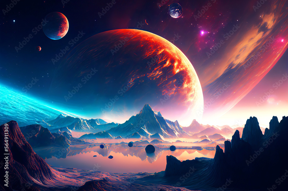 Fantasy Mountains landscape with big planet in the background, generative ai