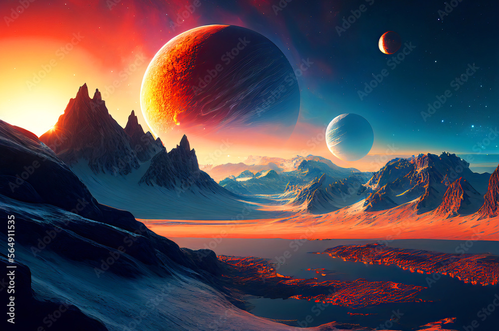 Fantasy Mountains landscape with planets in the background, generative ai