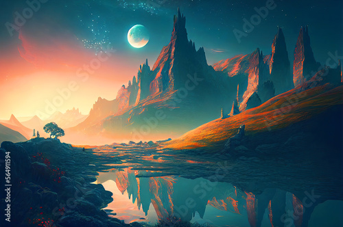 Fantasy landscape with lake and mountains, moon on the sky, generative ai