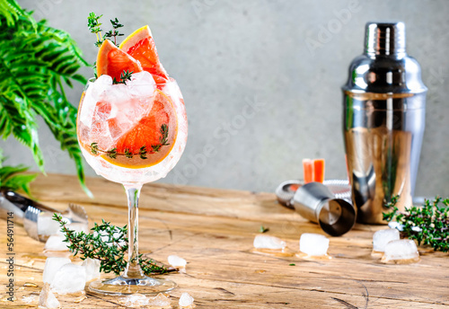 Gin bitter grapefruit cocktail drink with dry gin, tonic, thyme and ice, steel bar tools. Gray background with copy space