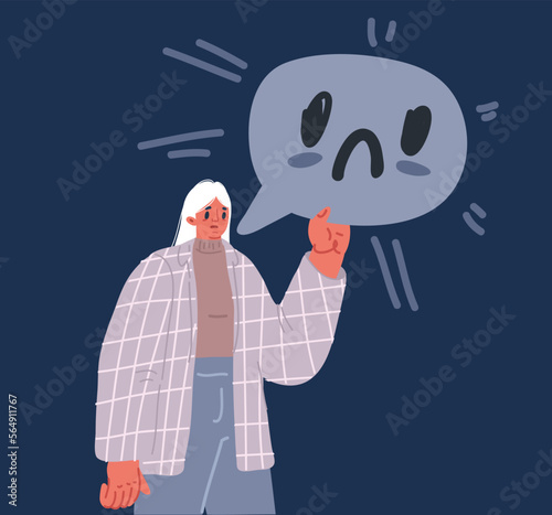 Cartoon vector illustration of woman holding sad speech bubble. Bad feedback, unhappy emotion, faild communication photo