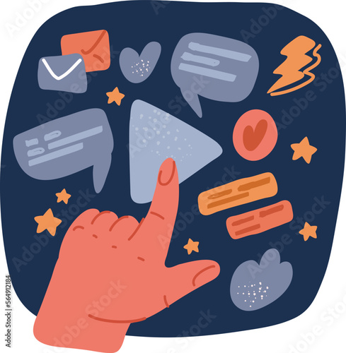 Cartoon vector illustration of hand with finger pressing a play button.