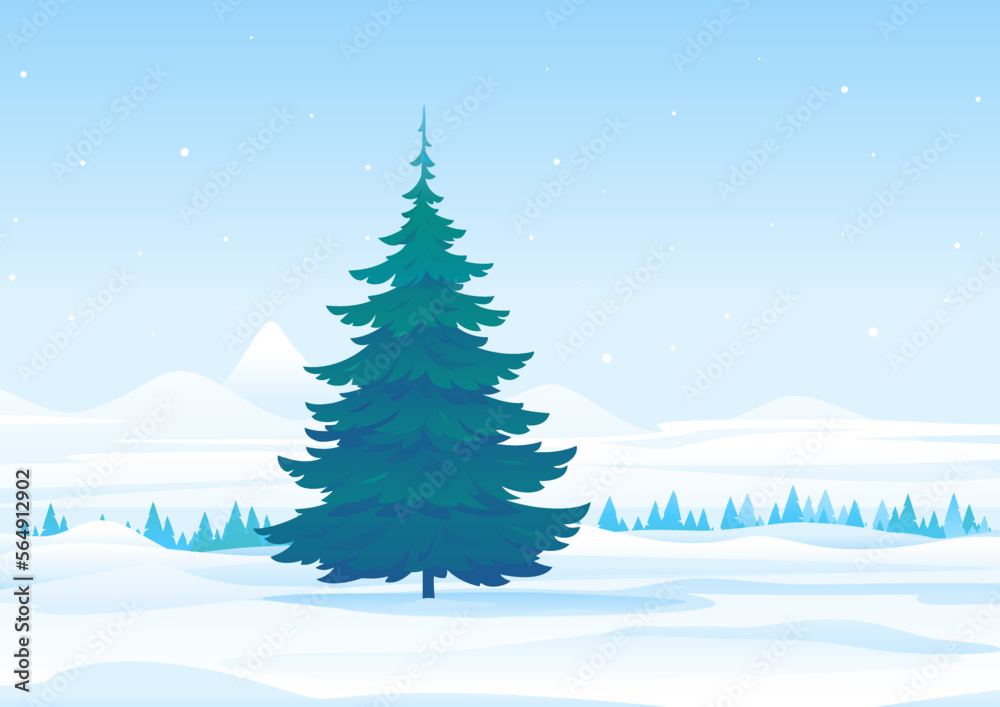 Winter nature landscape with one tall spruce tree in center of lawn, beautiful winter day on snowy forest