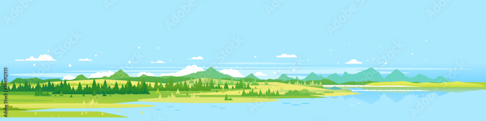 Big panorama of green mountains with spruce forest around mountain lake in valley, summer countryside with green mountains and river, summer sunny glades illustration