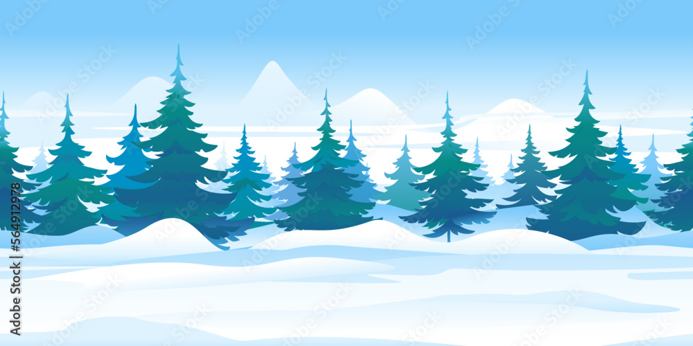 Winter nature landscape with spruce trees tillable horizontally, beautiful winter day on snowy path through the forest, spruce trees in mountains, in search of forest adventures