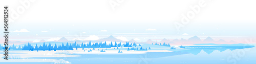 Winter nature landscape panorama with spruce-trees near the mountain lake in valley, beautiful winter day on snowy hills, forest at the foot of mountains