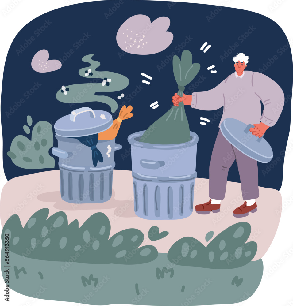 Cartoon vector illustration of man throws trash into bin. Separate