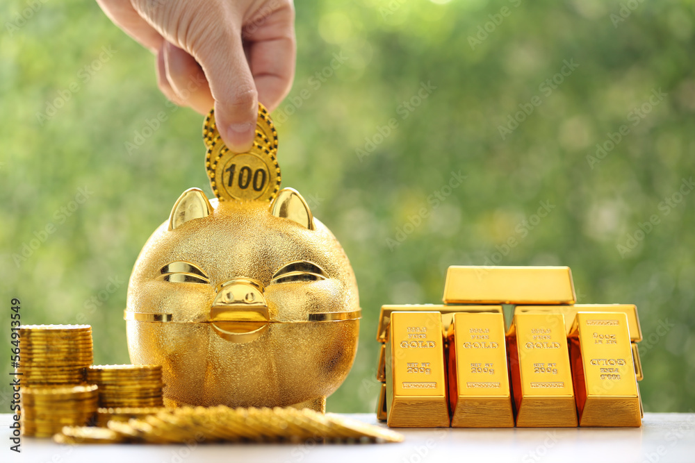 Saving gold, Woman hand putting a coin into piggy bank and gold bar on ...