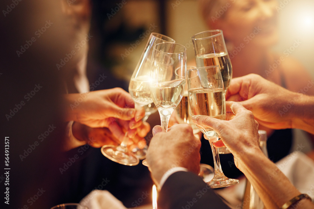 Success, hands or toast in a party for goals, winning deal or new year at luxury social event celebration. Motivation, team work or people cheers with champagne drinks or wine glasses at dinner gala - obrazy, fototapety, plakaty 